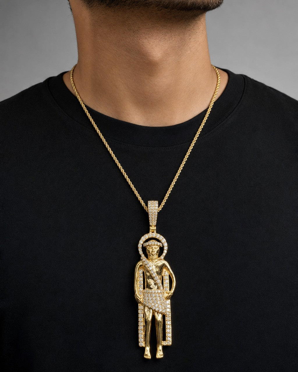 Male model wearing 10K Saint Lazarus Diamond Pendant 2.2"