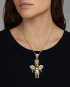 Female model wearing 10K Baby Angel With Crown Diamond Pendant
