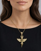 Female model wearing 10K Baby Angel Diamond Pendant 1.3"