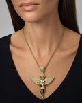 Female model wearing 10K Baby Angel Diamond Pendant 1.7"