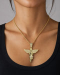 Female model wearing 10K Baby Angel Diamond Pendant 1.2"