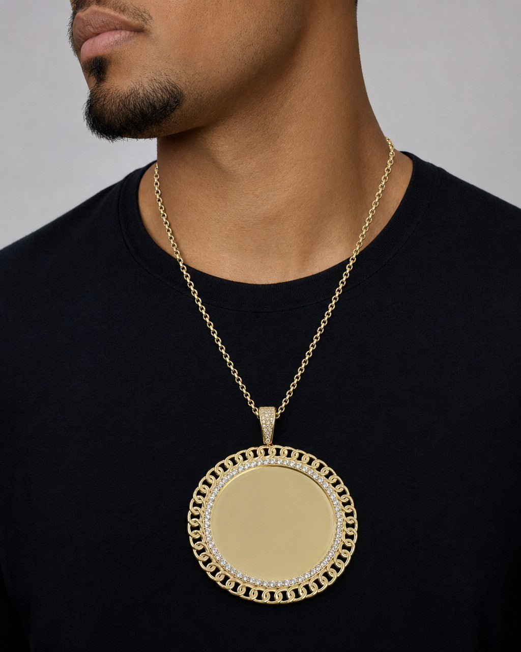 Male model wearing 10K Cuban Circle Picture Photo Pendant