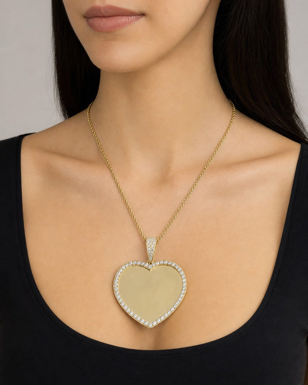 Female model wearing 10K Heart Picture Photo Pendant