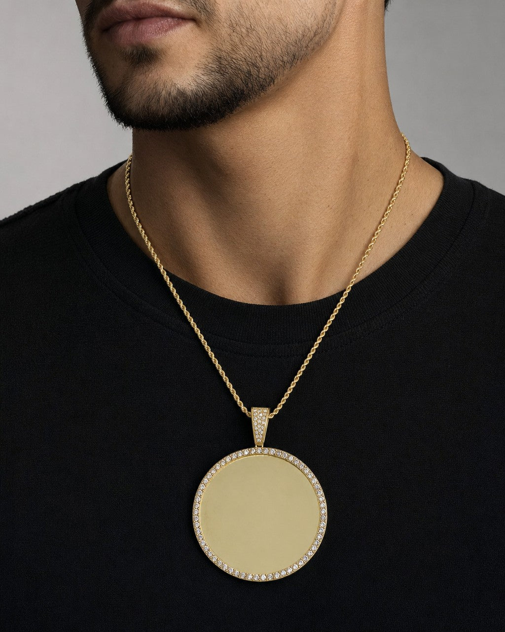 Male model wearing 10K Circle Picture Photo Pendant