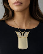 Female model wearing 10K Rectangle Angel Wings Picture Photo Pendant