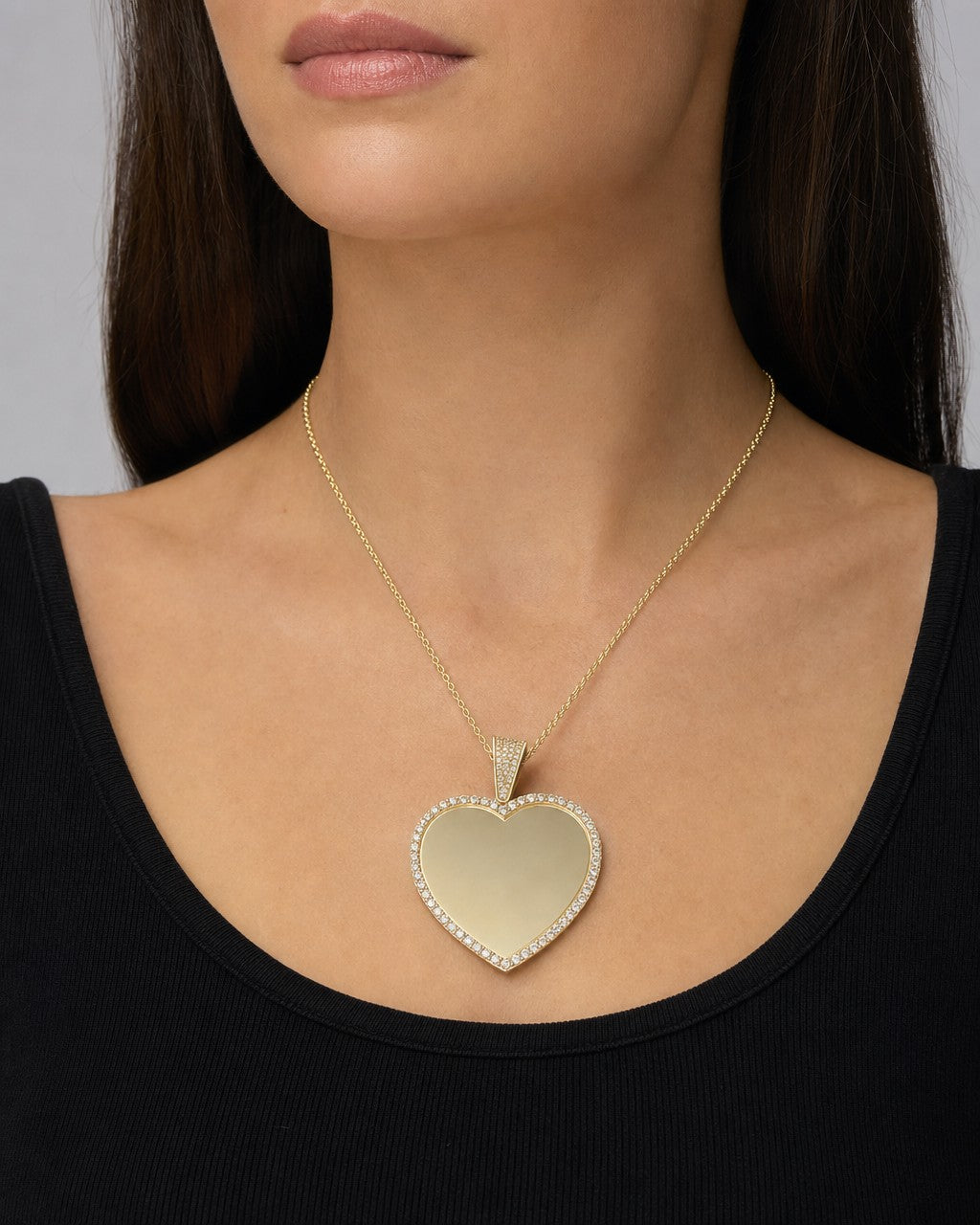 Female model wearing 10K Heart Picture Photo Pendant