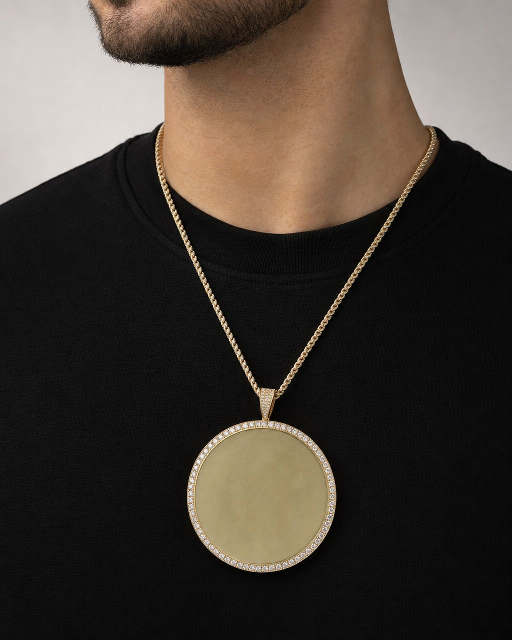 Male model wearing 10K Circle Picture Photo Pendant