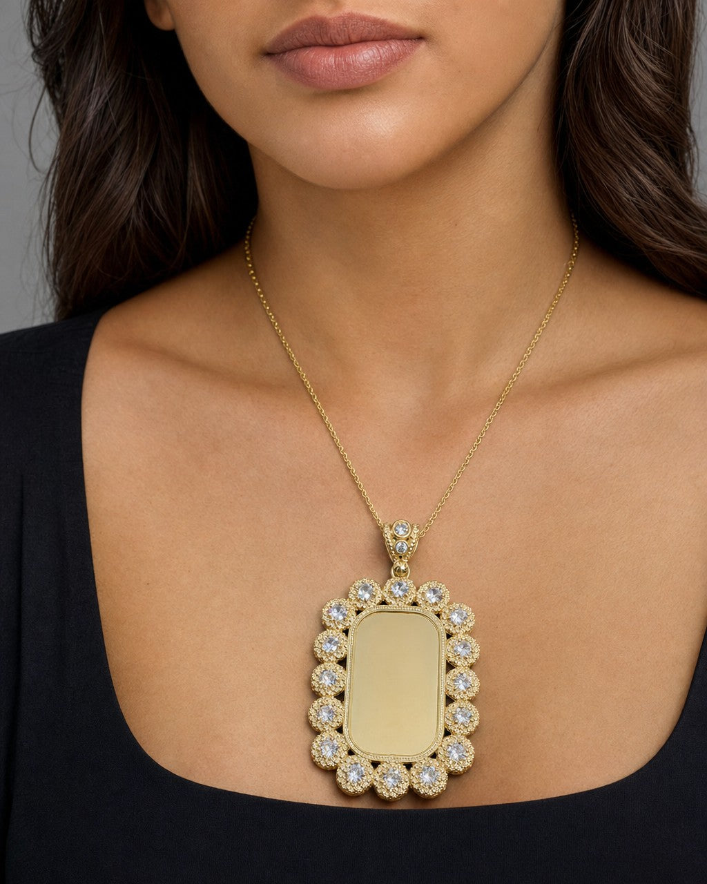 Female model wearing 10K Rounded Rectangle Flower Picture Photo Pendant