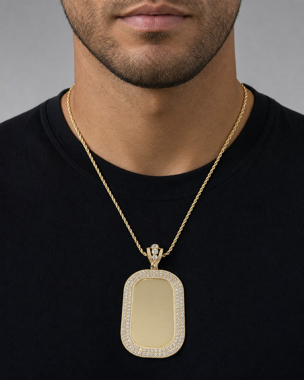 Male model wearing 10K Rounded Rectangle Picture Photo Pendant
