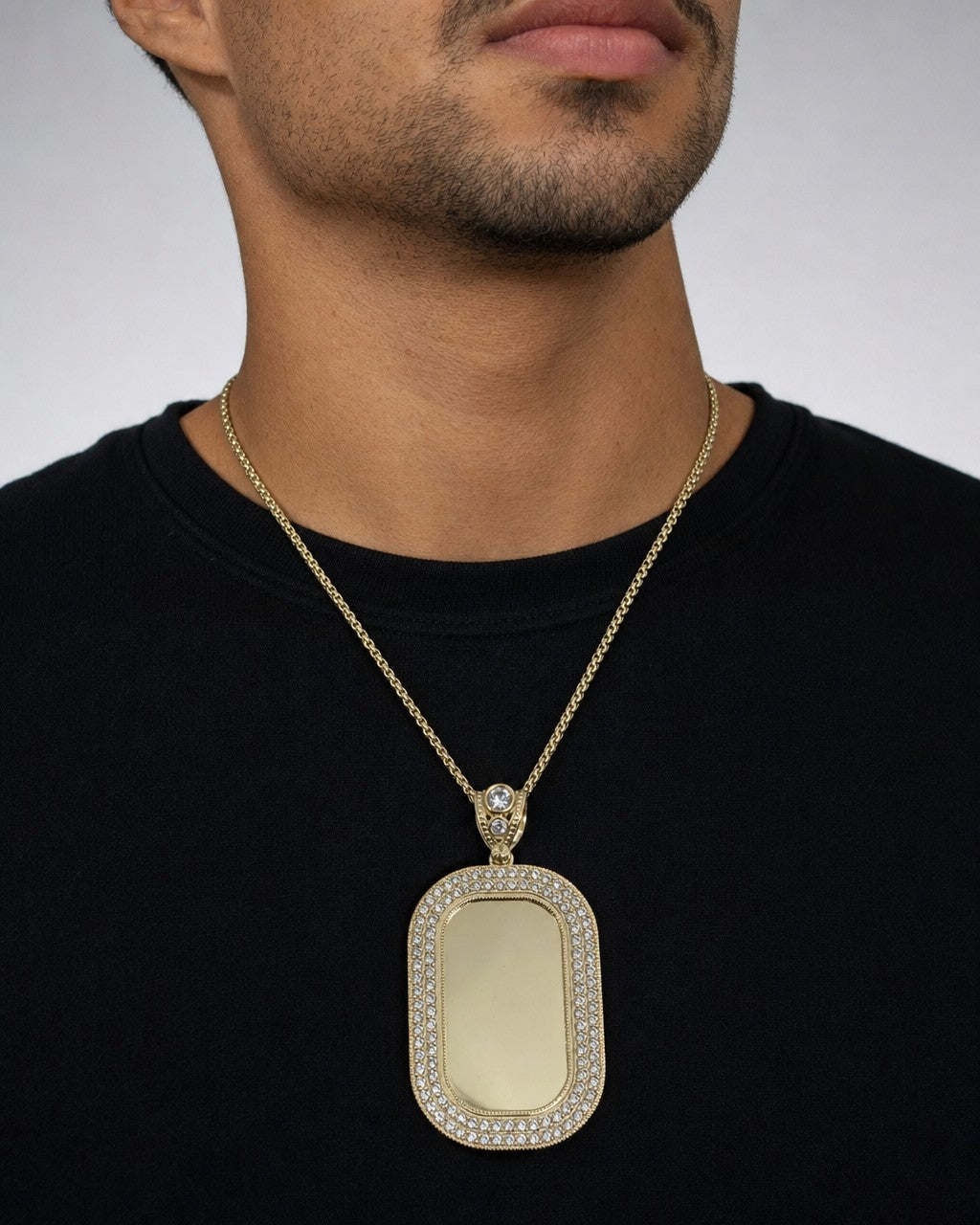 Male model wearing 10K Rounded Rectangle Picture Photo Pendant
