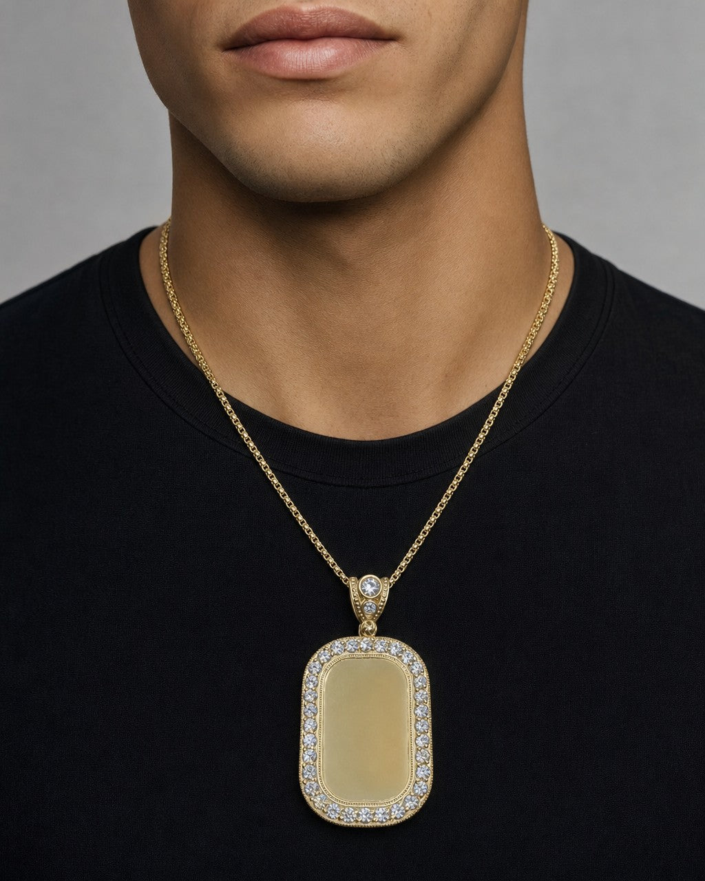 Male model wearing 10K Rounded Rectangle Picture Photo Pendant