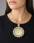Female model wearing 10K Circle Flowers Picture Photo Pendant