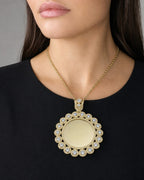 Female model wearing 10K Circle Flowers Picture Photo Pendant