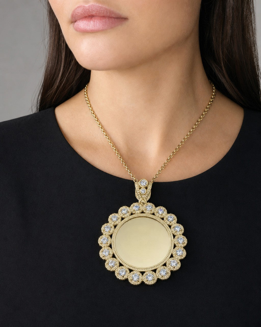 Female model wearing 10K Circle Flowers Picture Photo Pendant