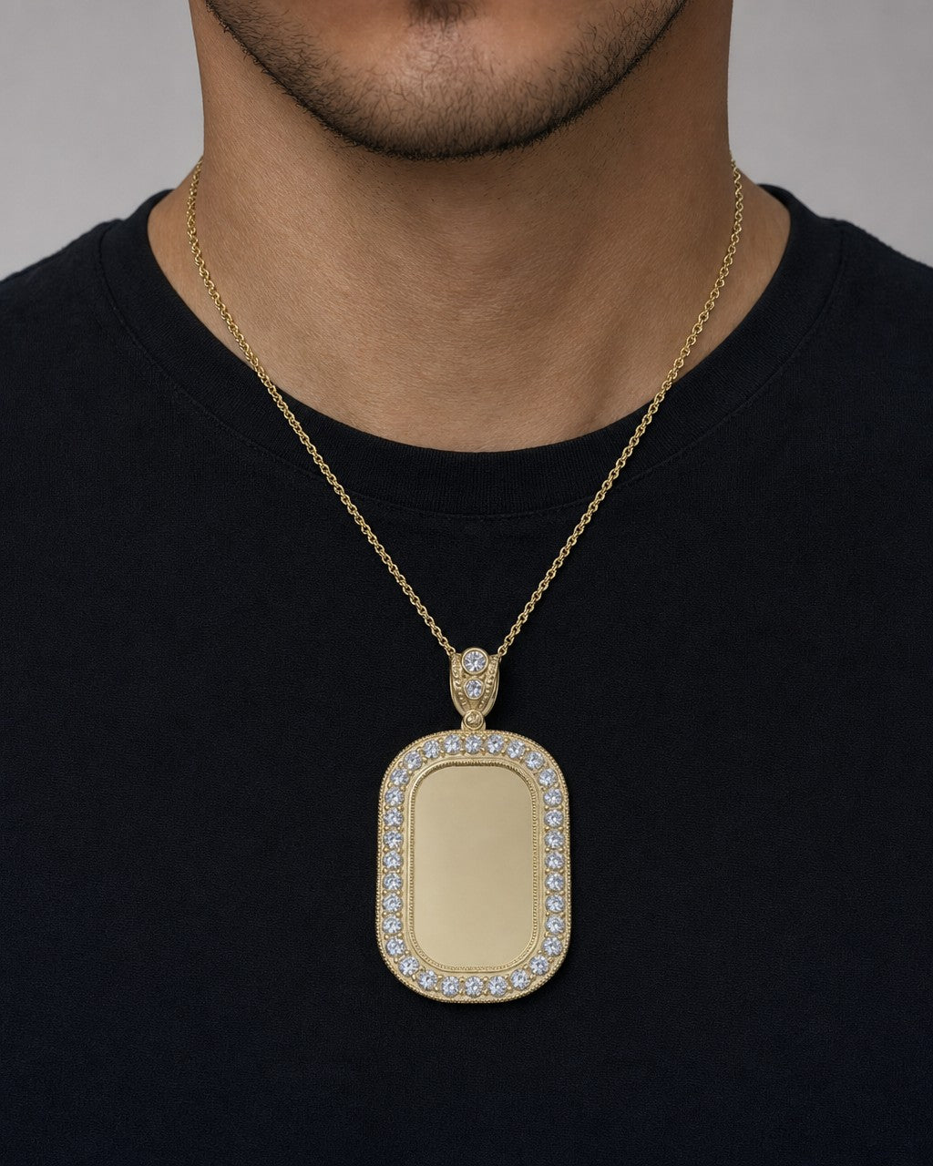 Male model wearing 10K Rounded Rectangle Picture Photo Pendant