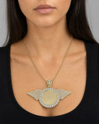 Female model wearing 14K Circle Angel Wings Picture Photo Pendant