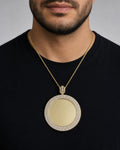 Male model wearing 10K Circle Picture Photo Pendant