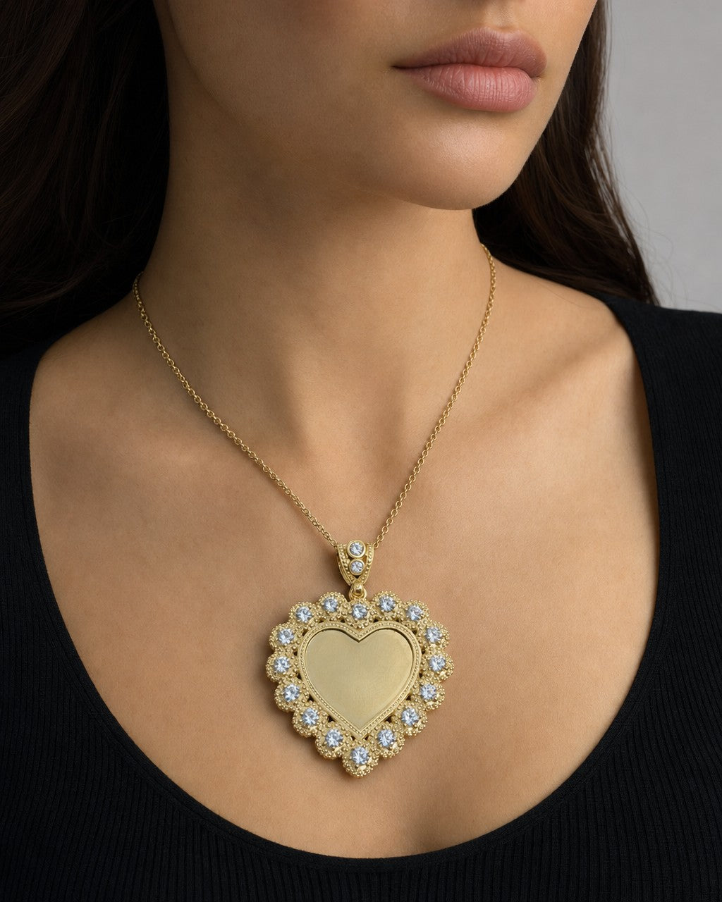 Female model wearing 14K Heart Flower Picture Photo Pendant