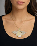 Female model wearing 14K Circle Angel Wings Picture Photo Pendant