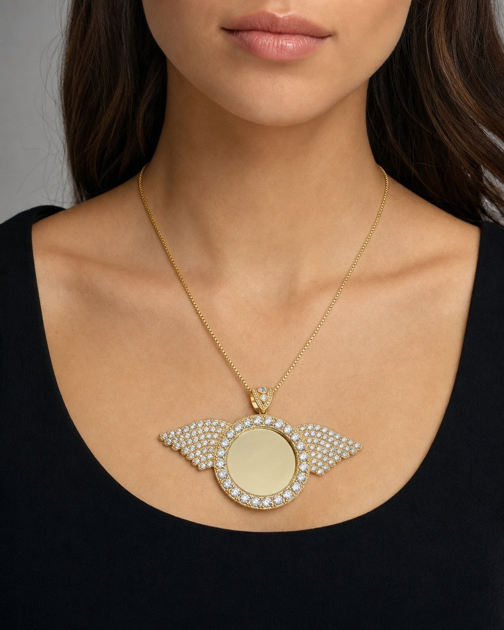 Female model wearing 14K Circle Angel Wings Picture Photo Pendant