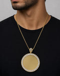 Male model wearing 14K Circle Picture Photo Pendant