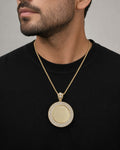 Male model wearing 14K Circle Picture Photo Pendant