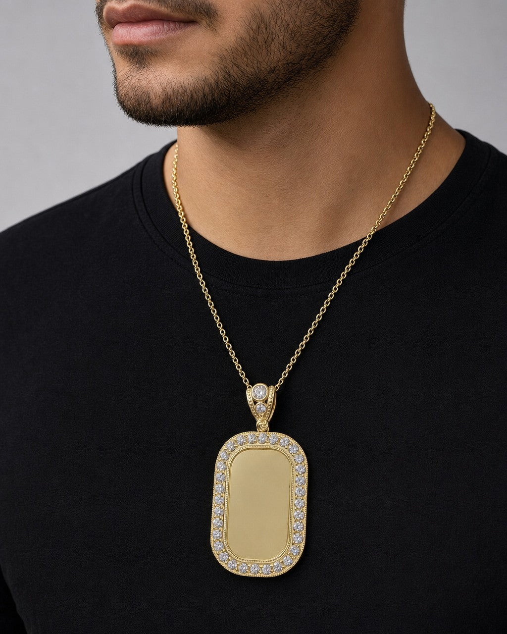 Male model wearing 14K Rounded Rectangle Picture Photo Pendant