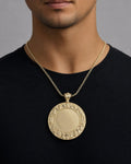 Male model wearing 14K Jesus Save Us Circle Picture Photo Pendant