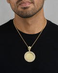 Male model wearing 14K Circle Picture Photo Pendant