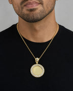 Male model wearing 14K Circle Picture Photo Pendant