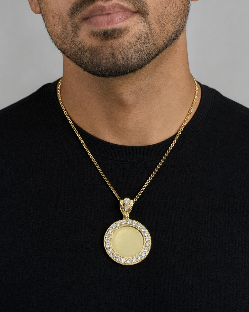 Male model wearing 14K Circle Picture Photo Pendant
