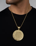 Male model wearing 14K Jesus Save Us Circle Picture Photo Pendant