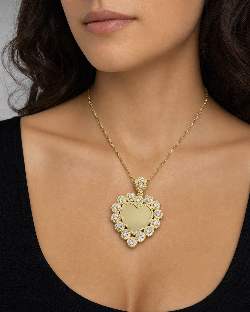 Female model wearing 14K Heart Picture Photo Pendant