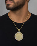 Male model wearing 14K Circle Picture Photo Pendant