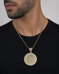 Male model wearing 14K Circle Picture Photo Pendant