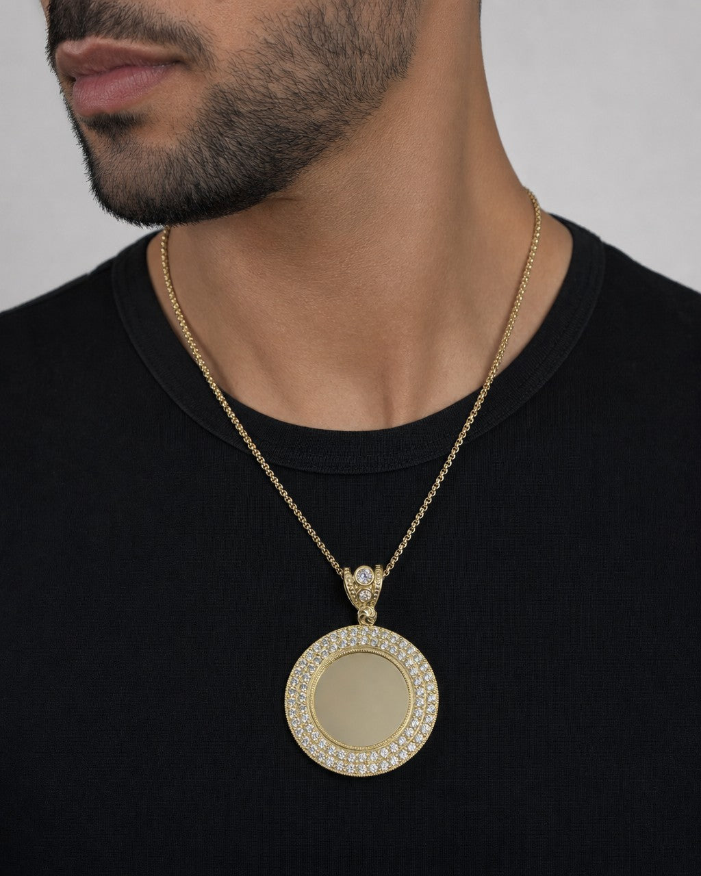 Male model wearing 14K Circle Picture Photo Pendant