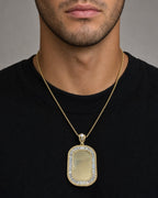 Male model wearing 14K Rounded Rectangle Picture Photo Pendant