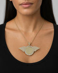 Female model wearing 14K Circle Angel Wings Picture Photo Pendant