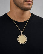 Male model wearing 14K Spinning Circle Picture Photo Pendant