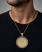 Male model wearing 14K Spinning Circle Picture Photo Pendant