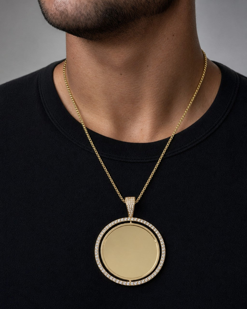 Male model wearing 14K Spinning Circle Picture Photo Pendant