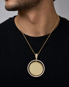 Male model wearing 14K Spinning Circle Picture Photo Pendant