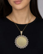 Female model wearing 14K Evil Eyes Flower Circle Picture Photo Pendant