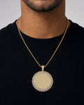 Male model wearing 14K Cuban Circle Picture Photo Pendant