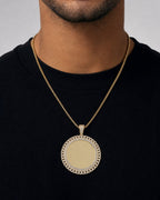 Male model wearing 14K Cuban Circle Picture Photo Pendant