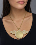 Female model wearing 14K Circle Angel Wings Picture Photo Pendant