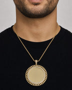Male model wearing 14K Cuban Round Picture Photo Pendant
