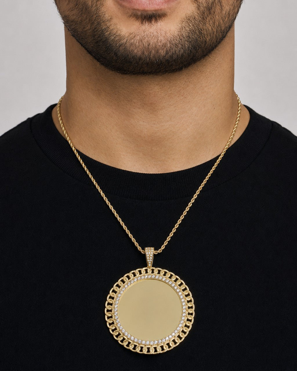 Male model wearing 14K Cuban Round Picture Photo Pendant