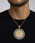 Male model wearing 14K Evil Eyes Circle Picture Photo Pendant