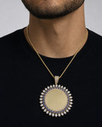 Male model wearing 14K Evil Eyes Circle Picture Photo Pendant